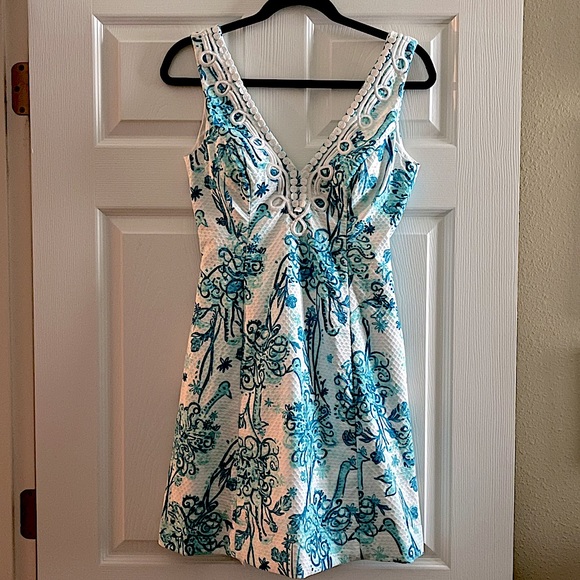 LILLY PULITZER BRYNN DRESS SHIFT SLEEVELESS BLUE WHITE BIRDS LACE SIZE 2 - Picture 7 of 10